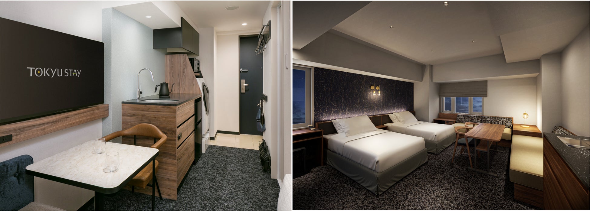 左:洗濯乾燥機や2ドア冷凍冷蔵庫を配した客室 右:「レジデンシャルファミリー」完成イメージ図