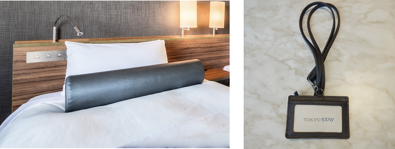 左：旧客室で使用していた「ボルスタークッション」　右：アップサイクル後の「ホテルスタッフ用ネックストラップ」