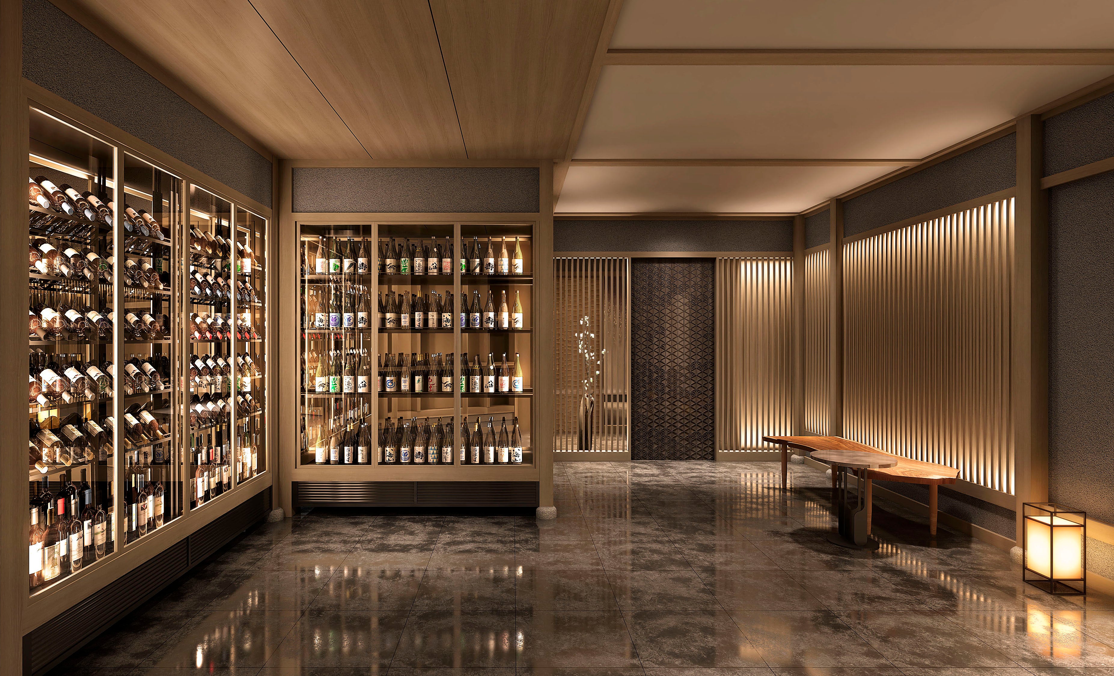 エントランスには各地から取り寄せる美酒をセラーに陳列