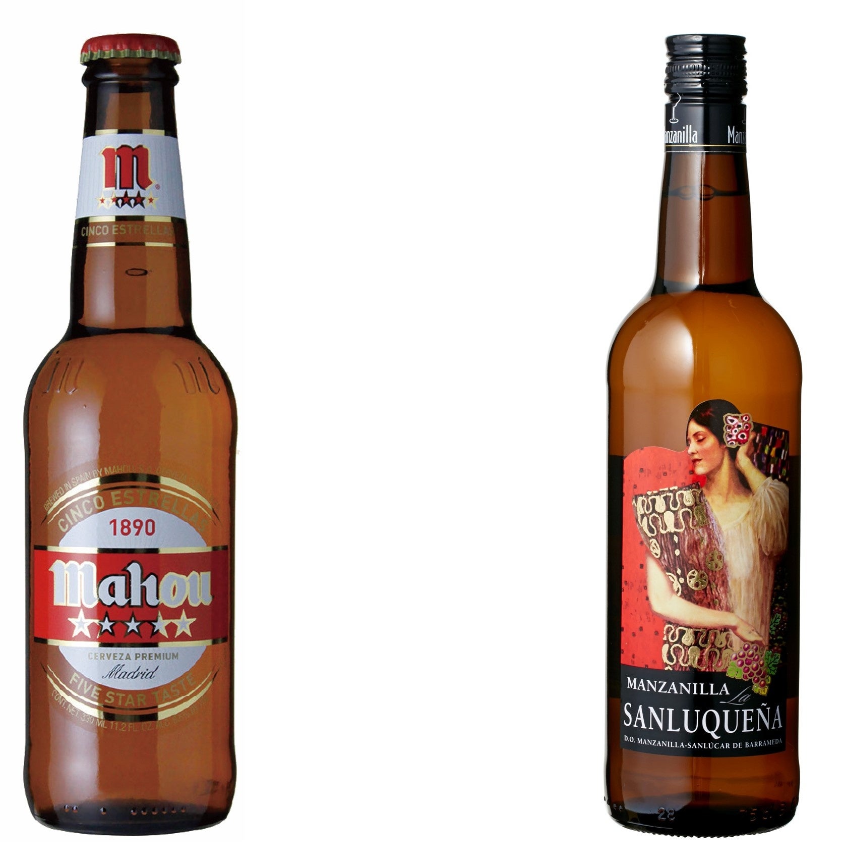 左)マドリードのビール 「マオウ」　右)アンダルシア地方の シェリー酒