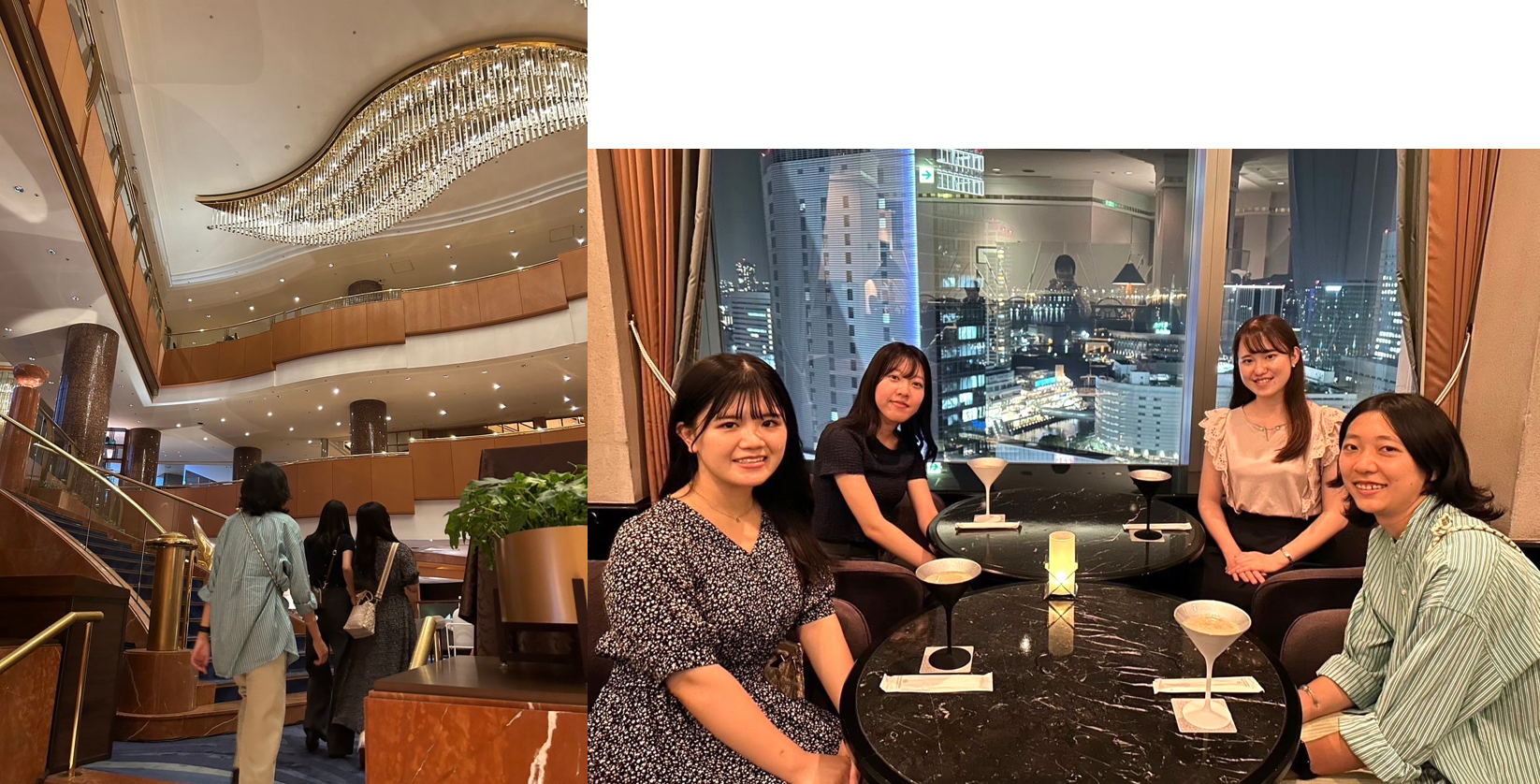 ホテルツアーや宿泊、スカイラウンジ「ベイ・ビュー」での 体験を通して、4名の学生（嘉山莉々可さん、小松美詠さん、 田中美羽さん、畠山加奈子さん）と共にプランを造成