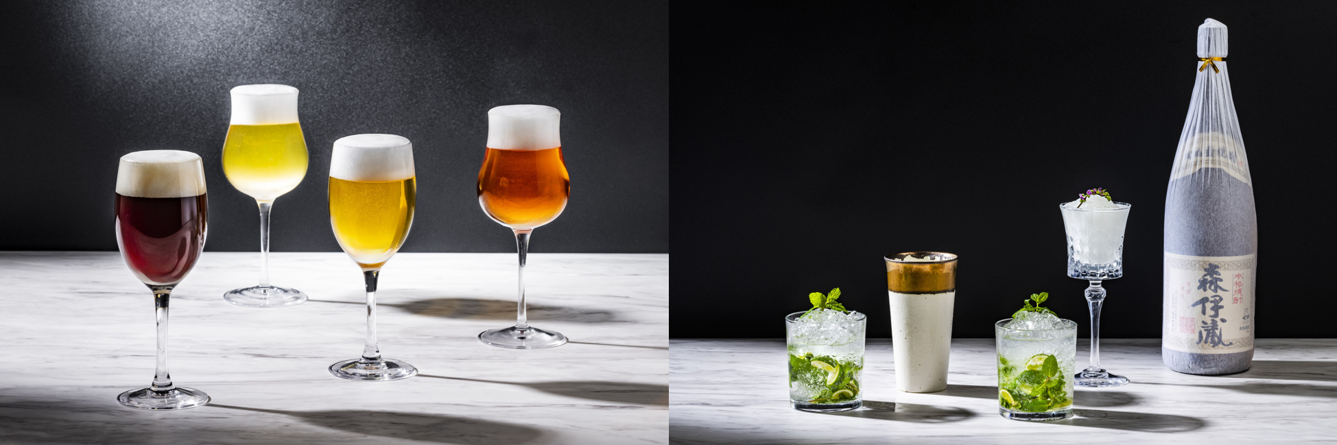 冷えたビールや鹿児島県産芋焼酎「森伊蔵」のモヒートやフローズンカクテル