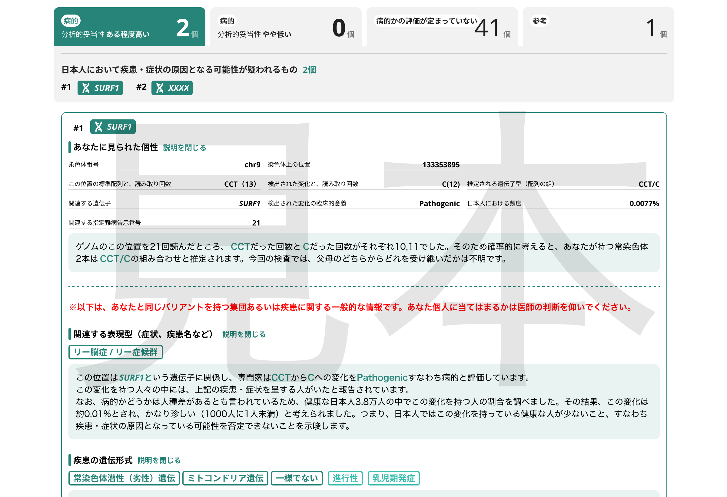 （図2）遺伝子解析レポートのサンプル