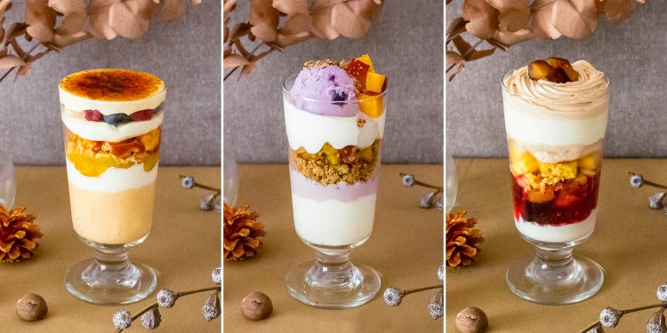 左から「りんごと塩キャラメルのブリュレパフェ」「紫芋と黒ごまのパフェ」「栗とベリーのパフェ」