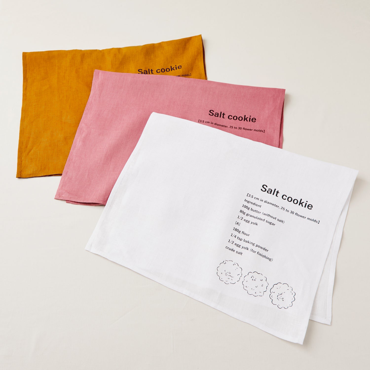 キッチンクロス 塩クッキー（マスタード、ピンク、ホワイト）　各2,750円（税込）