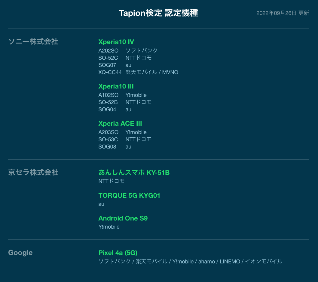 Tapion検定認定機種一覧