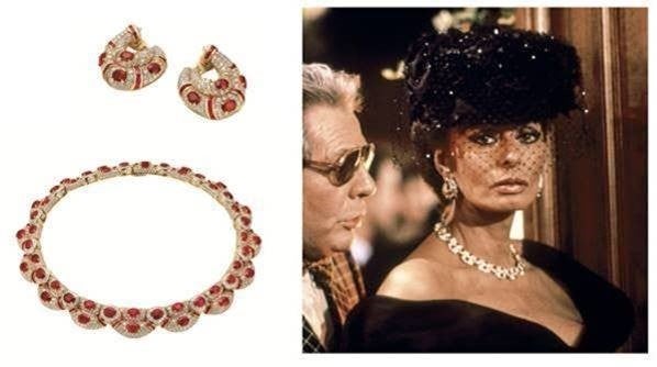 ソフィア・ローレンが「プレタポルテ」の撮影で着用したブルガリのルビーとダイヤモンドを使用したネックレスと イヤリング（1994年）