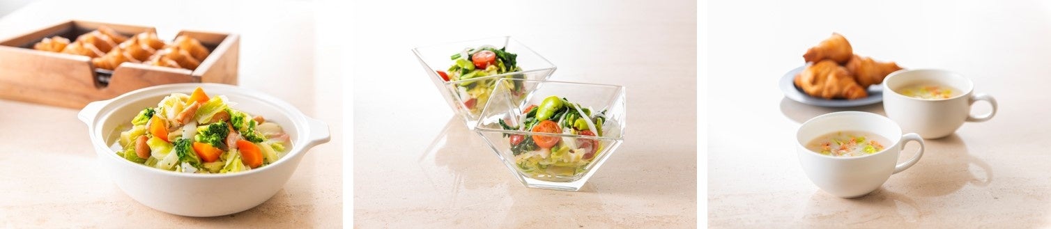 左から「春野菜のポトフ」、「春野菜のレモンクリームマリネ」、「桜えびと春キャベツのクリームスープ」