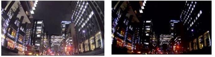 【フロントカメラ映像 ナイトサイト搭載 (左) とナイトサイト非搭載 (右)
