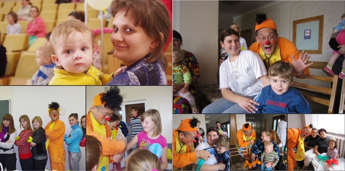 ホスピタルクラウン協会のウクライナでの活動と大棟耕介氏（同協会、及び大棟氏のfacebookより）