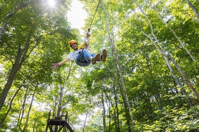 森の中を爽快に滑り降りる人気アトラクション「ジップラインアドベンチャー」