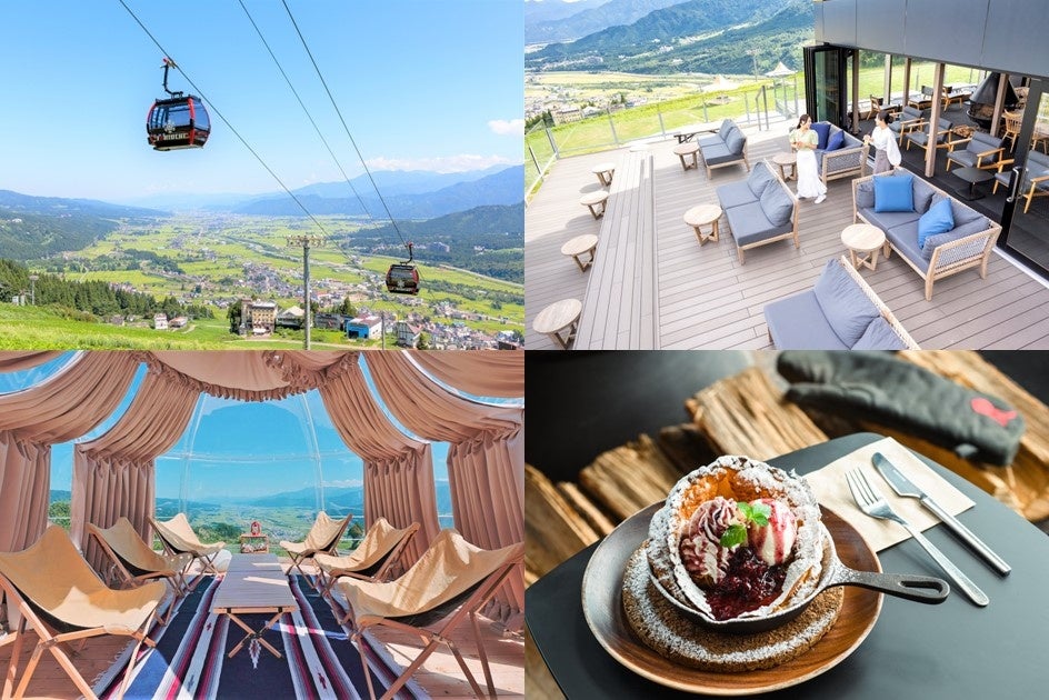 (右上)ザ・ヴェランダ石打丸山へは「サンライズエクスプレス」で約7分の空中散歩(左上)テラスからは大パノラマがお楽しみいただけます(左下)エアコン完備のドームテントで手軽にグランピング体験 (右下)見た目も可愛らしいカフェの人気メニュー「雪山のパンケーキ」