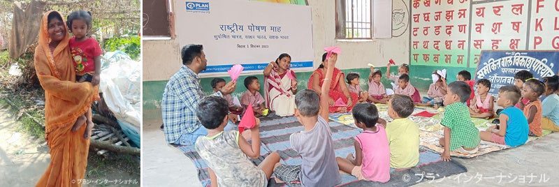(左) お母さんと子ども、(右) 子どもたちへのワークセッションの様子