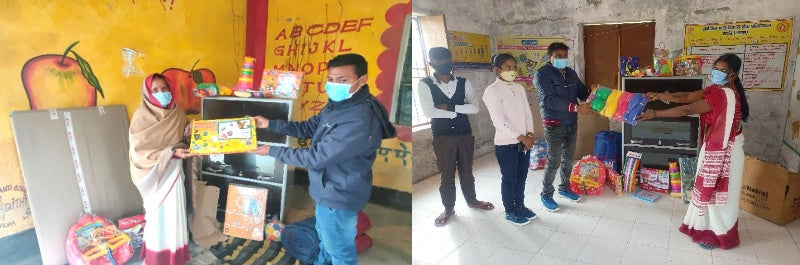 対象の幼稚園に支給された絵本、知育玩具、ホワイトボード、棚、マット等の図書コーナーのセット（©プラン・インターナショナル）