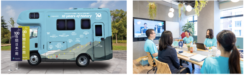 左：10年の歩みをペイントしたオリジナルキャンピングカー　　右：訪問した企業での様子
