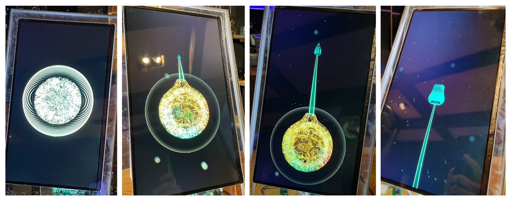 <1~2週目> 店内で検知した「感情」に応じて、割合値の色や形状で発芽し、蕾へ成長。