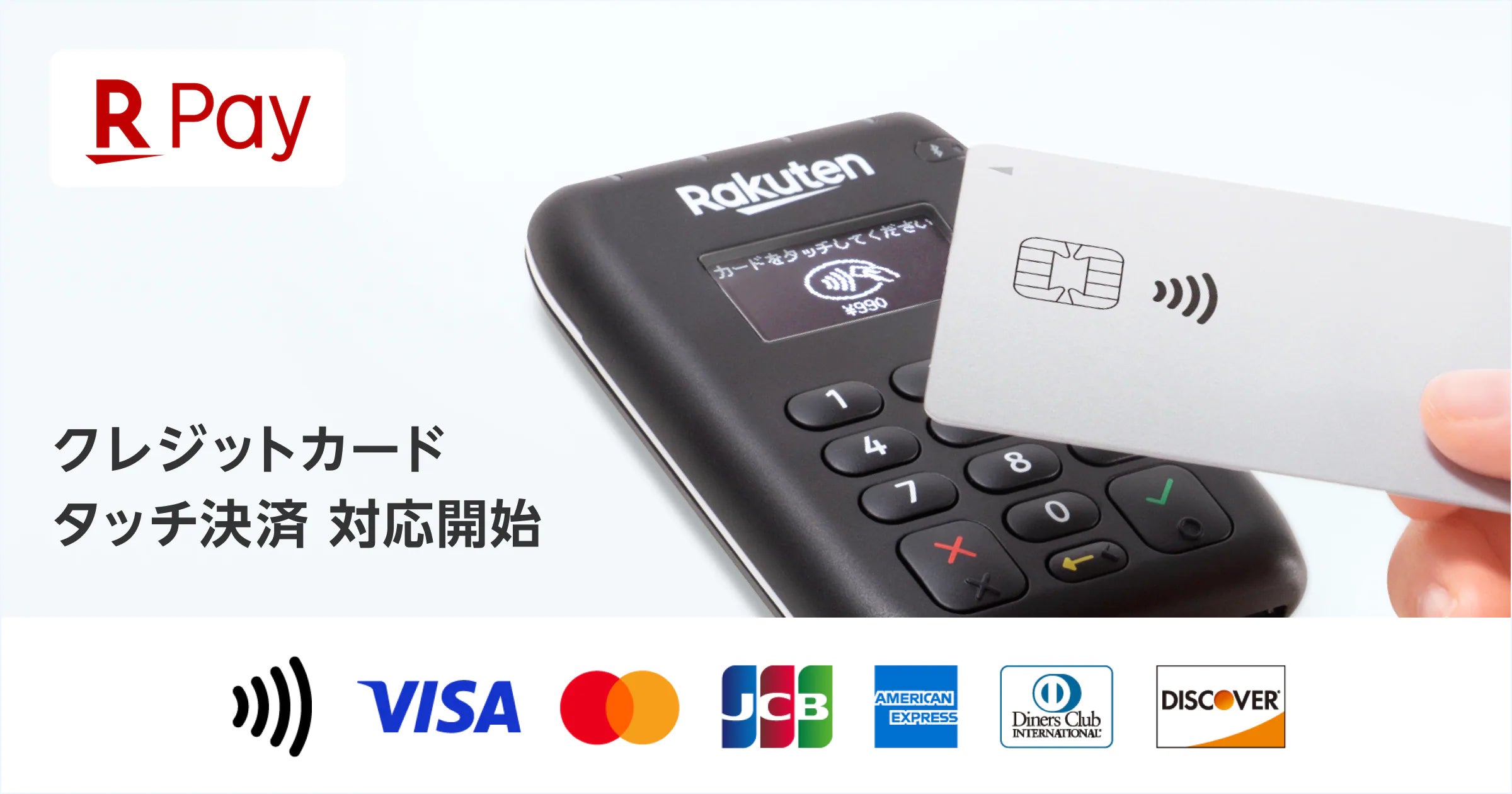 クレジットカード・電子マネー決済対応 楽天ペイ カードリーダー 【開封未使用】 楽天ペイ(実店舗決済)」、クレジットカードのタッチ決済に対応