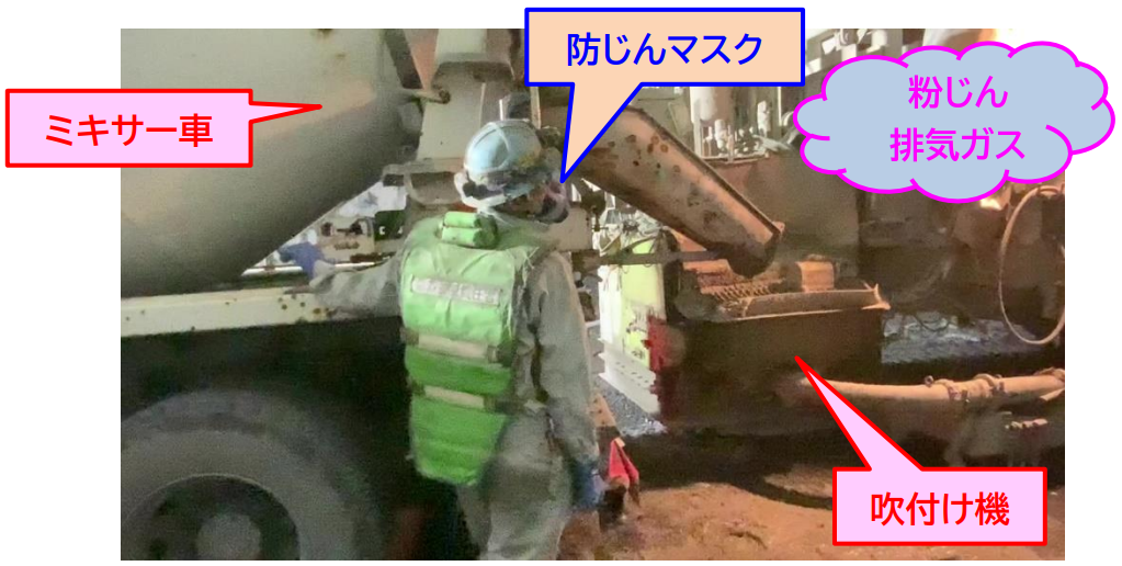 写真1　従来のトンネル吹付け時におけるミキサー車操作状況例