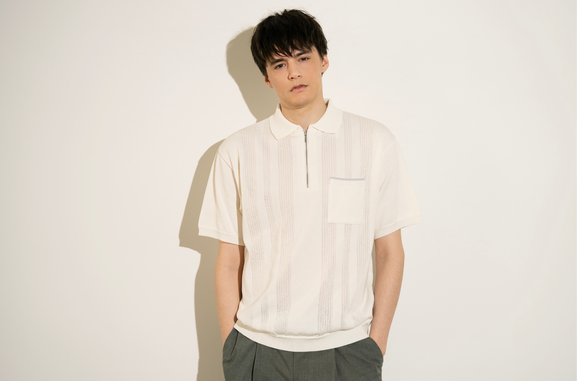 ハーフジップ襟付き半袖P／O／オフホワイト