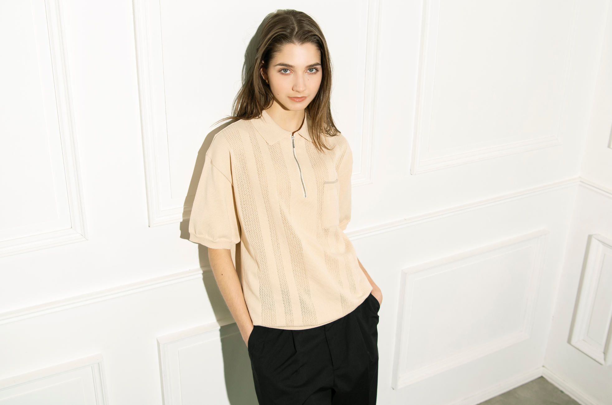 ハーフジップ襟付き半袖P／O／ベージュ