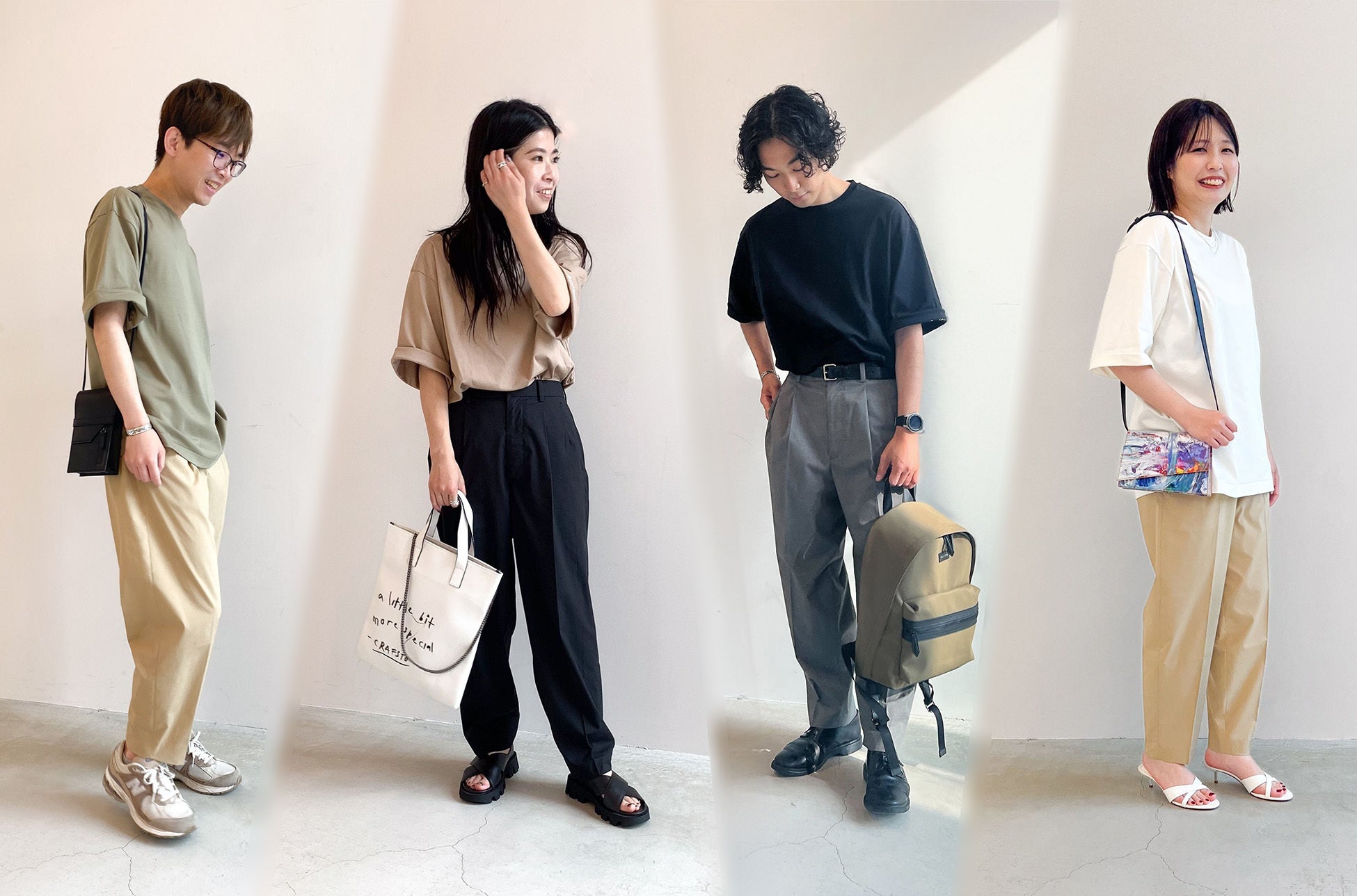 グランプリに選ばれた際のTシャツは、上記４色（左からモスグリーン、ベージュ、ブラック、オフホワイト）の中からお好きなカラー、サイズをお選びいただけます