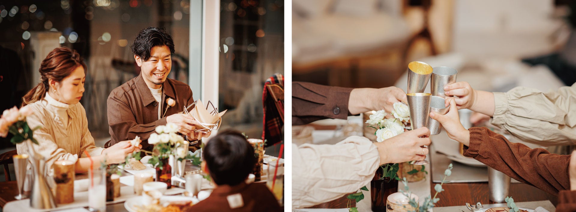 錫の⾷器でコース料理