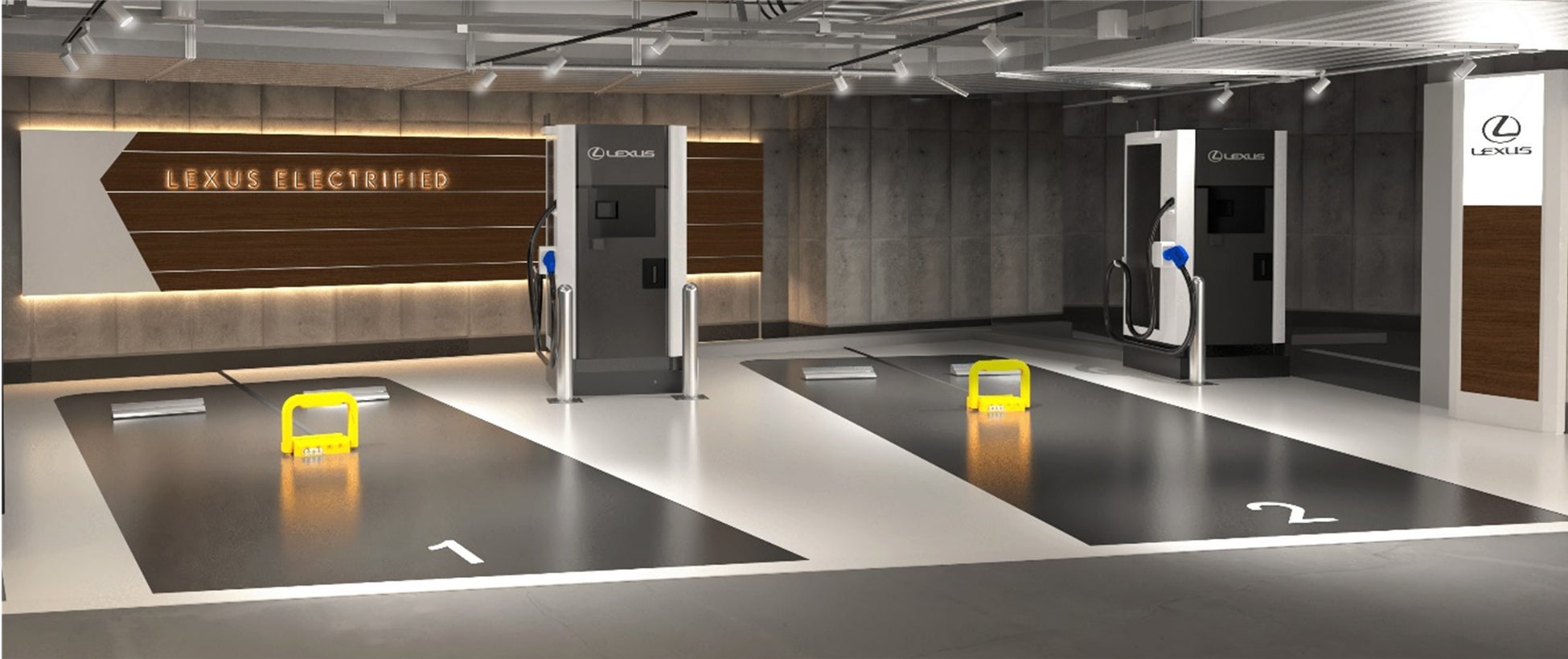 レクサス充電ステーション(イメージ)※駐車スペースの中央にある黄色の製品が「AUTO STAND」