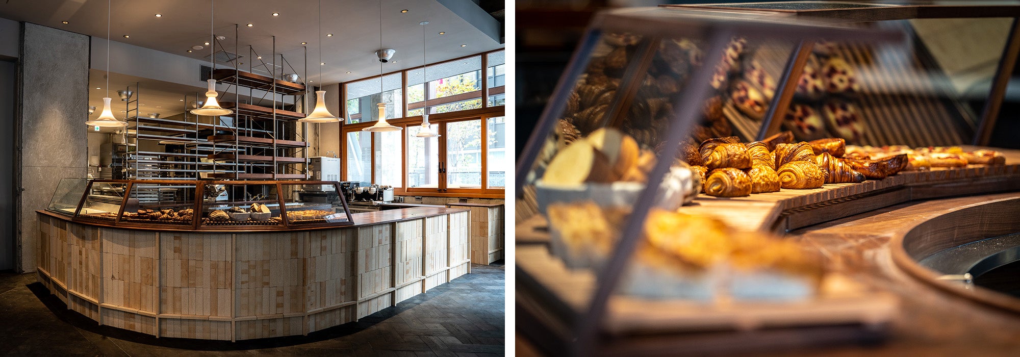 タイルとウッドが暖かい表情を見せるメインカウンター