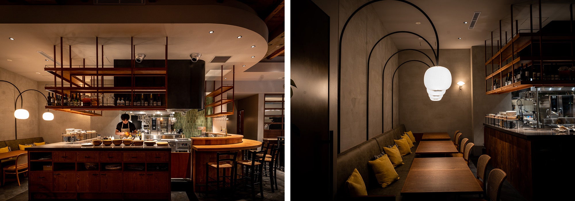 ライブ感のあるオープンキッチン｜アイコニックな照明の客席
