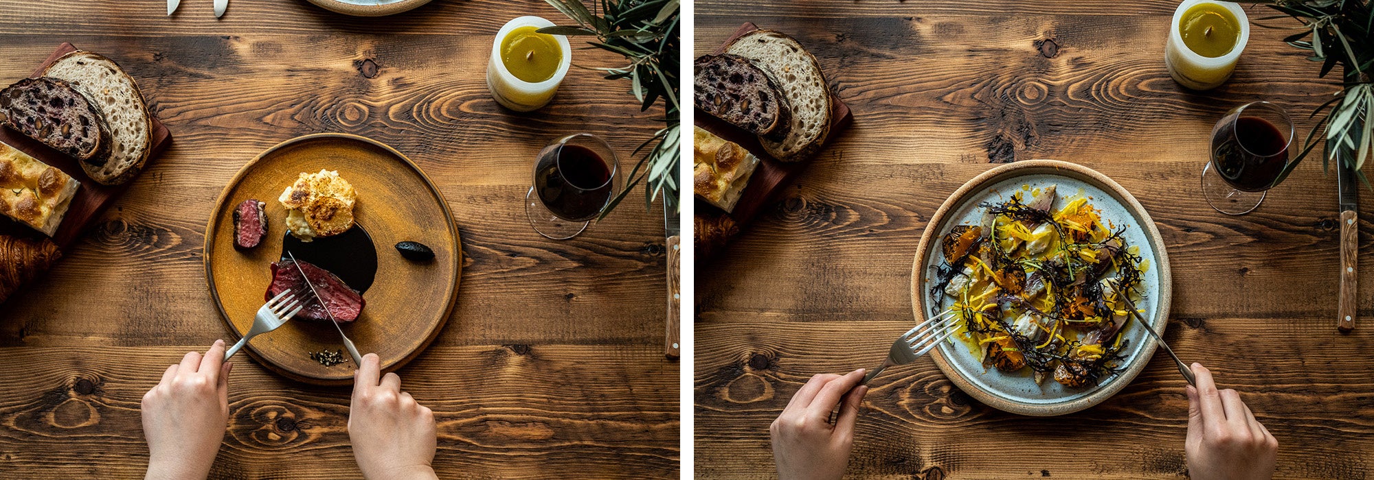 （左）蝦夷鹿のロースト 黒ニンニク ポワブラード（右）鯖の燻製 焼みかん　ヨーグルト