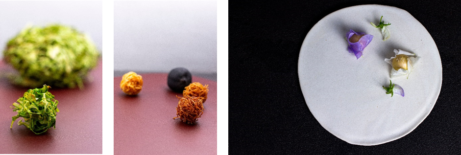 左から：グリーンアスパラ・鯛白子、ジャガイモ・炭化檸檬、スイートピー・フランボワーズ
