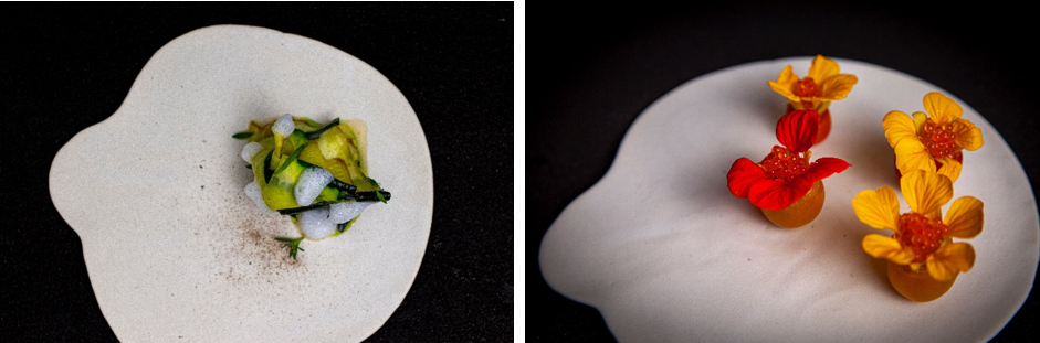 左から：茄子・鱈肝の燻製、トマト・ナスタチウム・桜鱒