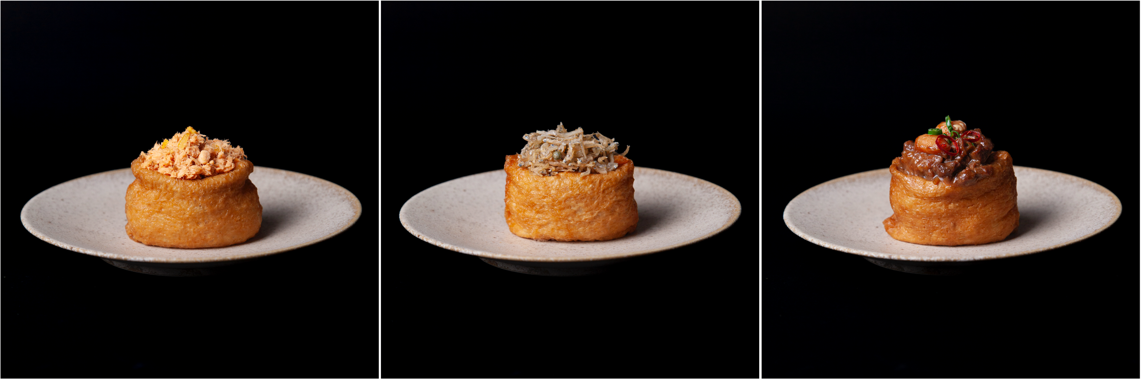 左から 北海道鮭の生柚子香る柚庵フレークのいなり、和歌山ぶどう山椒ちりめんじゃこのいなり、和牛南蛮味噌（落花生いり）のいなり　各350円(税込)