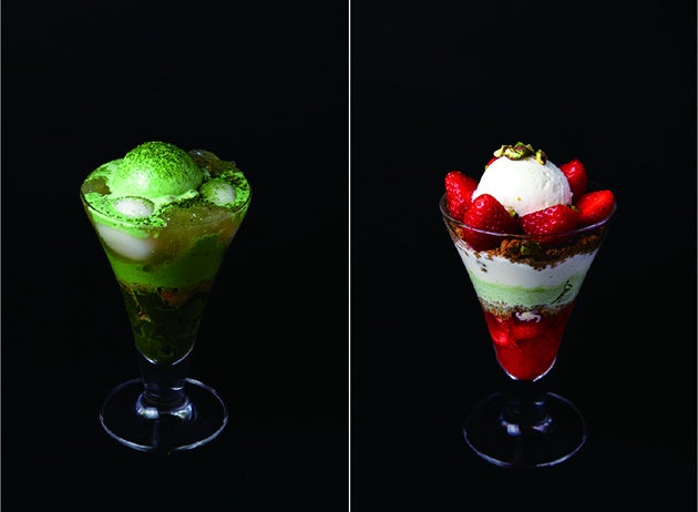 左から  「霧島」有機抹茶のパフェ 1,700円(税込)、「あまおう」と「ピスタチオ」のパフェ 1,800円(税込)