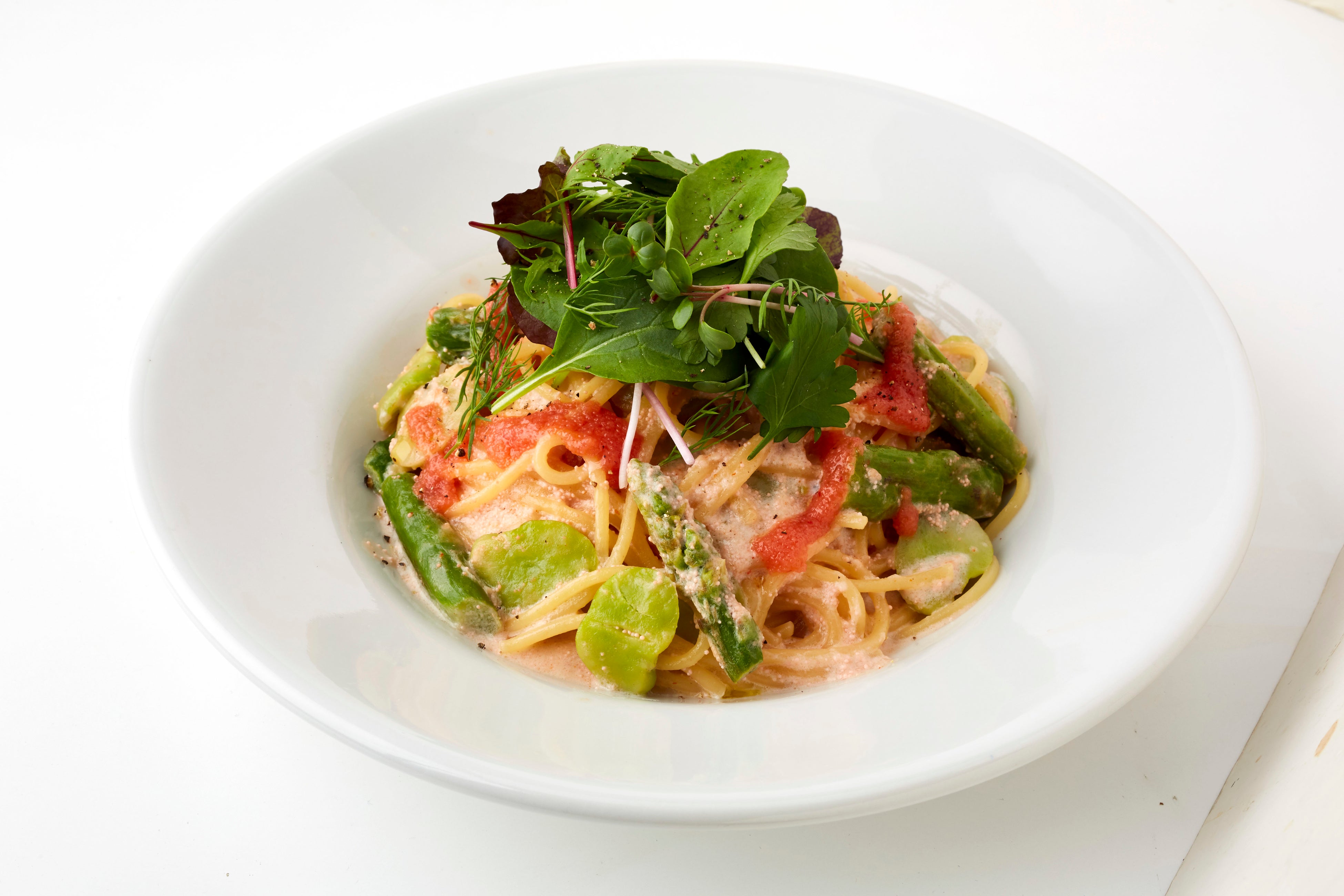 アスパラとそら豆の明太子クリームソース