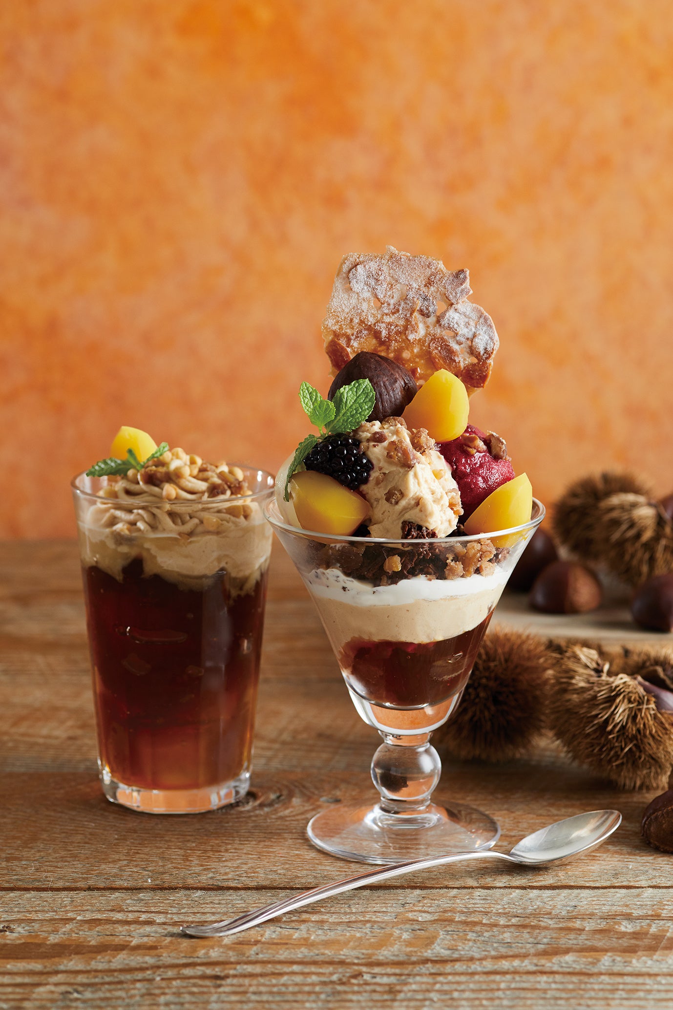 栗とほうじ茶のジュレッティー＋渋皮栗とカシスのパフェ