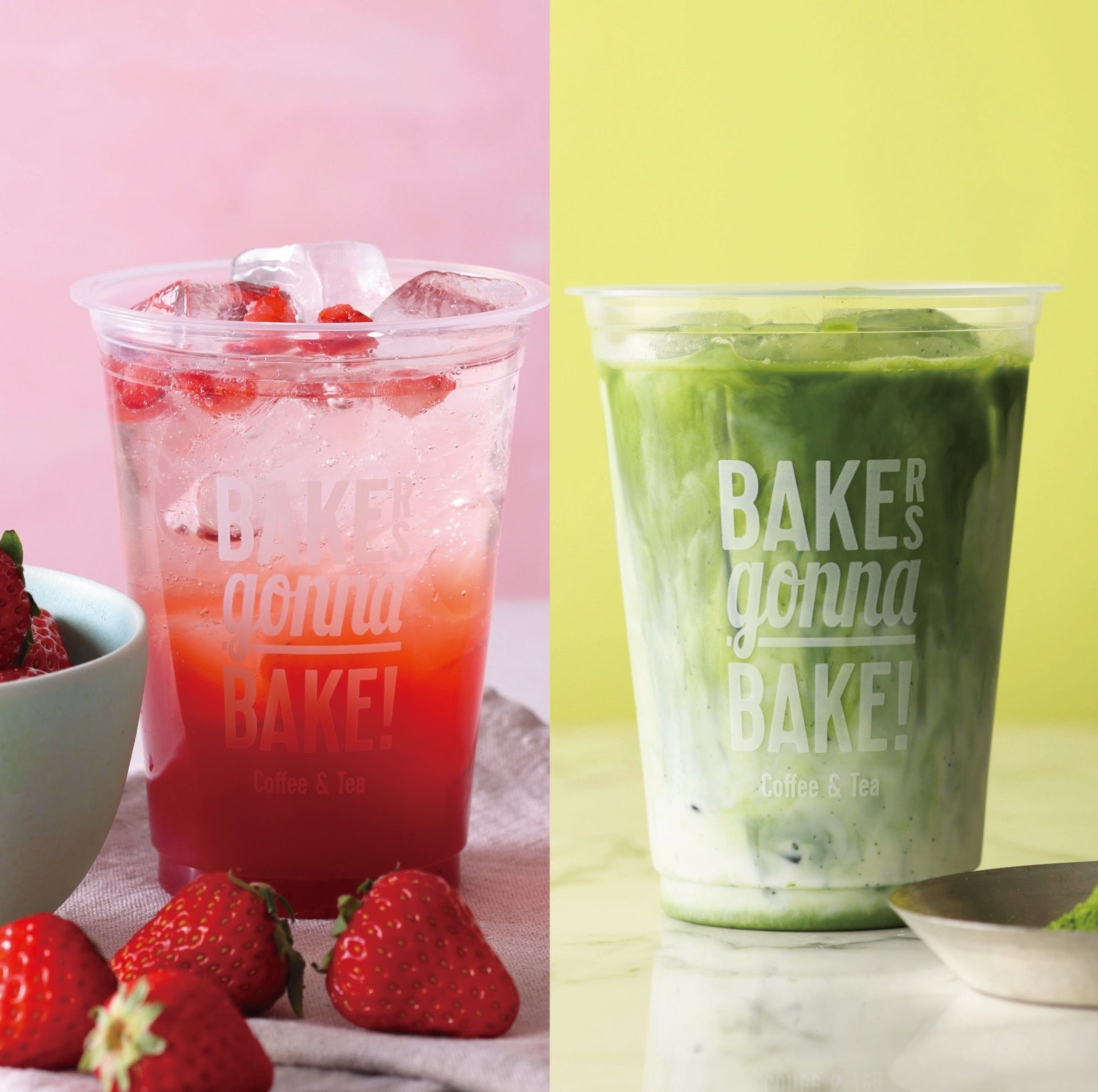 ストロベリーティーソーダ（左）、抹茶ティーラテ（右）