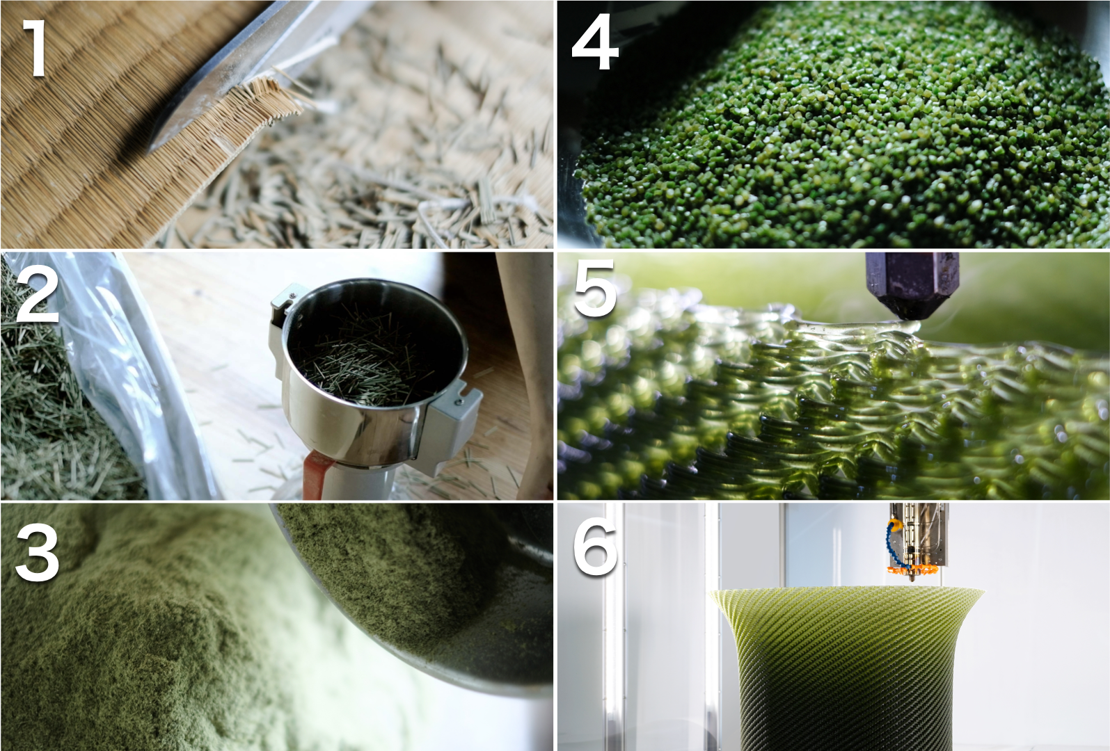 廃棄される畳の端材を使ったバイオプラスチックの生成と3Dプリントの流れ