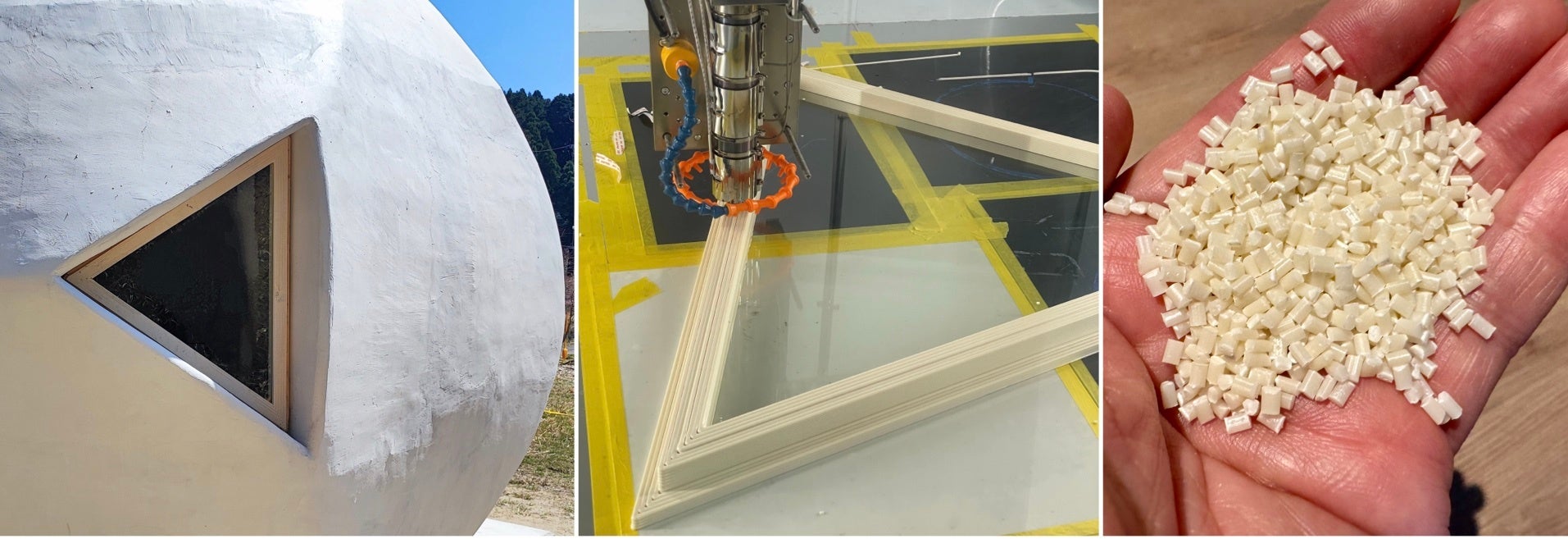 当社の大型3DプリンターEXF-12で制作した樹脂製の窓枠と材料として使用したAES樹脂ペレット
