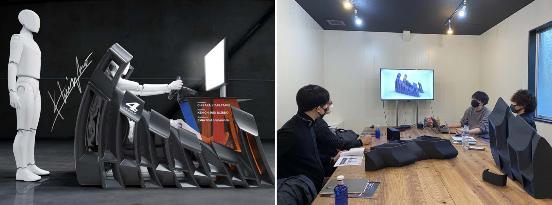 水野氏のスケッチと短期間で完成させた実寸大テストピースを見ながら打ち合わせをしているところ