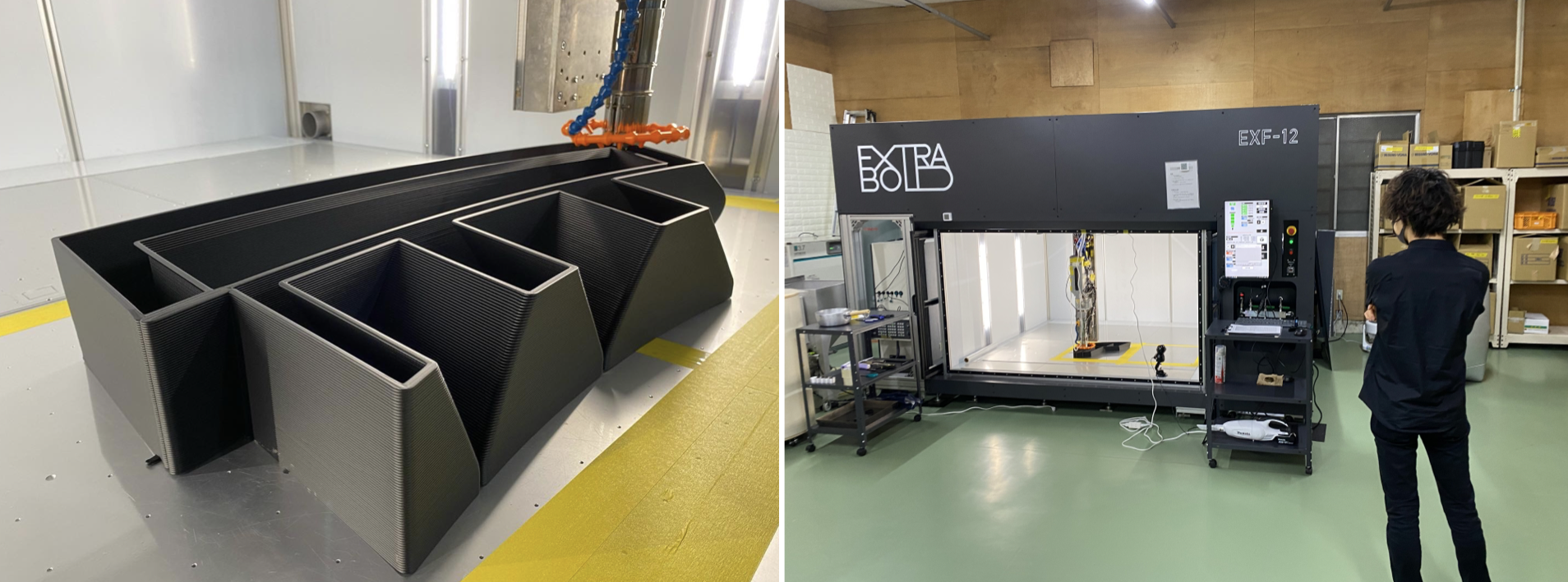 EXF-12による造形中の写真と造形を担当した伊豫田氏（前田技研）