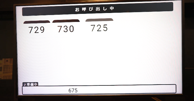 ▲お客さま呼び出しモニター：各注文番号が画面に表示される