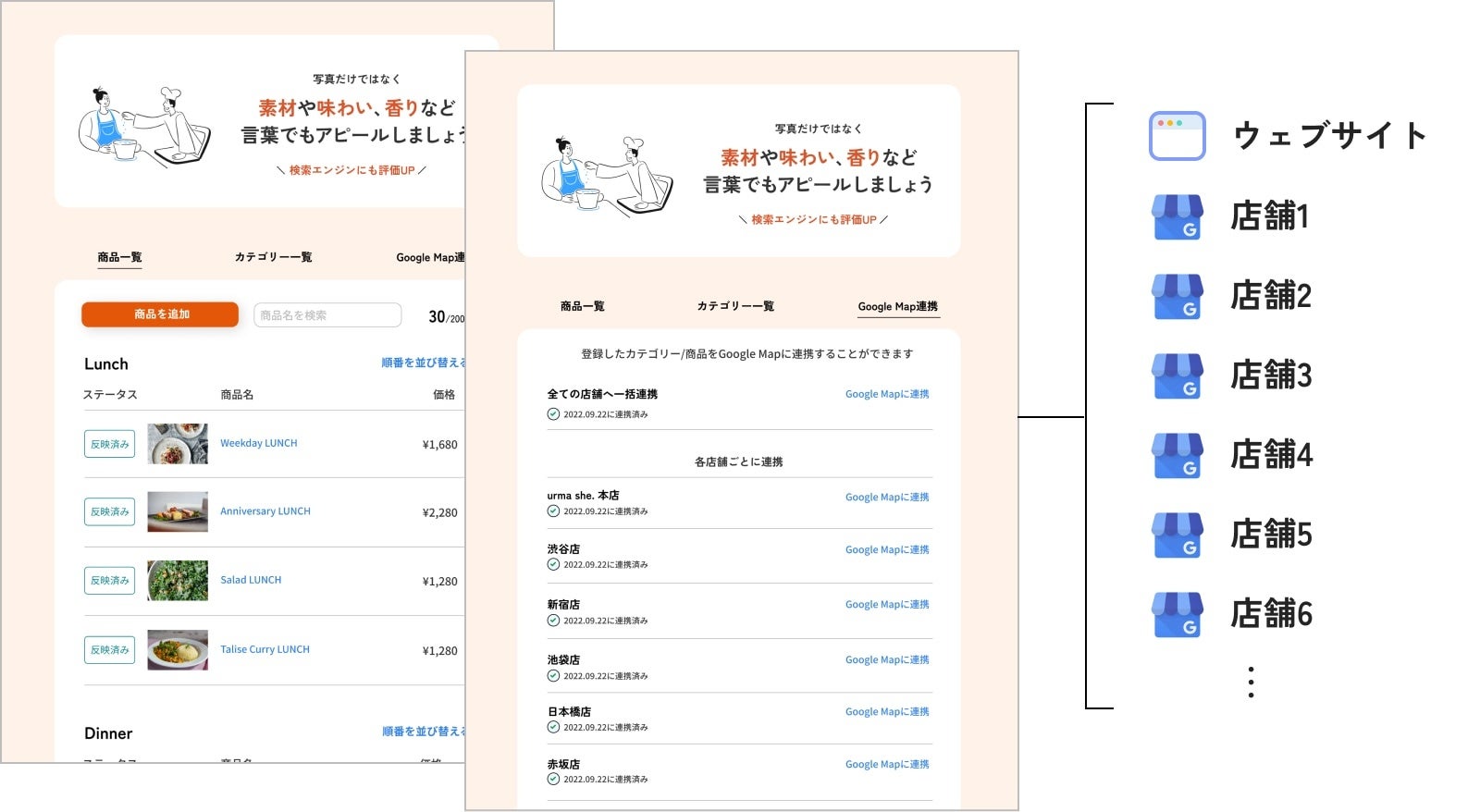 メニューのGoogle Map連携。全店舗にも個別店舗にも一括反映