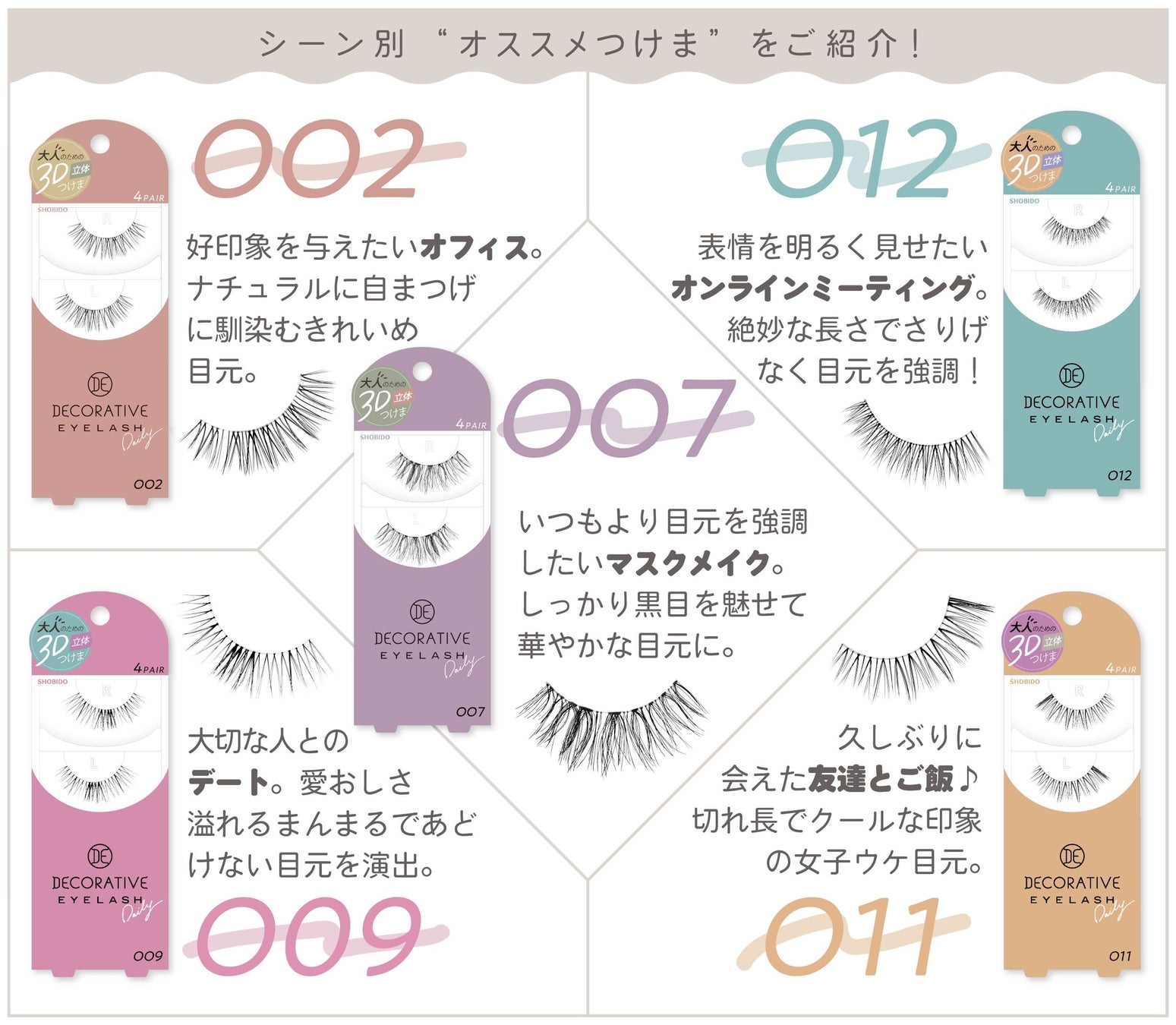 柔らかい透明軸と3D加工で自然な束感を実現!大人女性にこそ付けてほしい、さりげなく盛れるなじませつけま「デコラティブアイラッシュ」16種のご紹介|粧美堂株式会社のプレスリリース