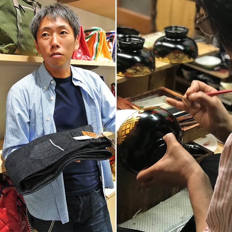 東北デニムの雄「オイカワデニム」（写真左）／岩手・秀衡塗の「丸三漆器」（写真右）