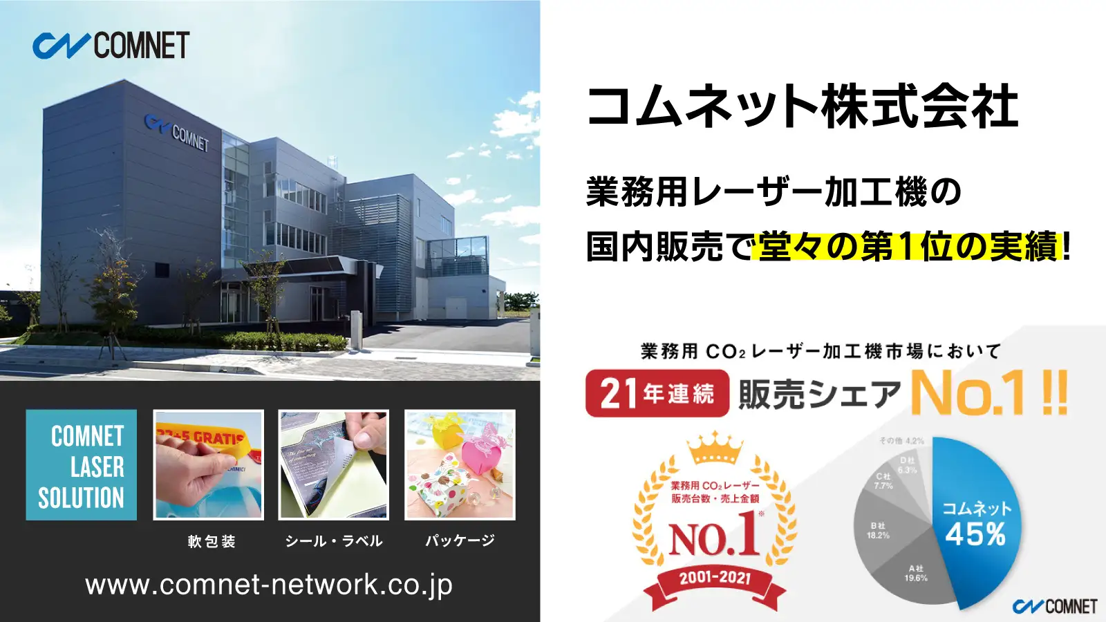 業務用レーザー加工機の国内販売で堂々の21年連続No.1の実績を誇ります。