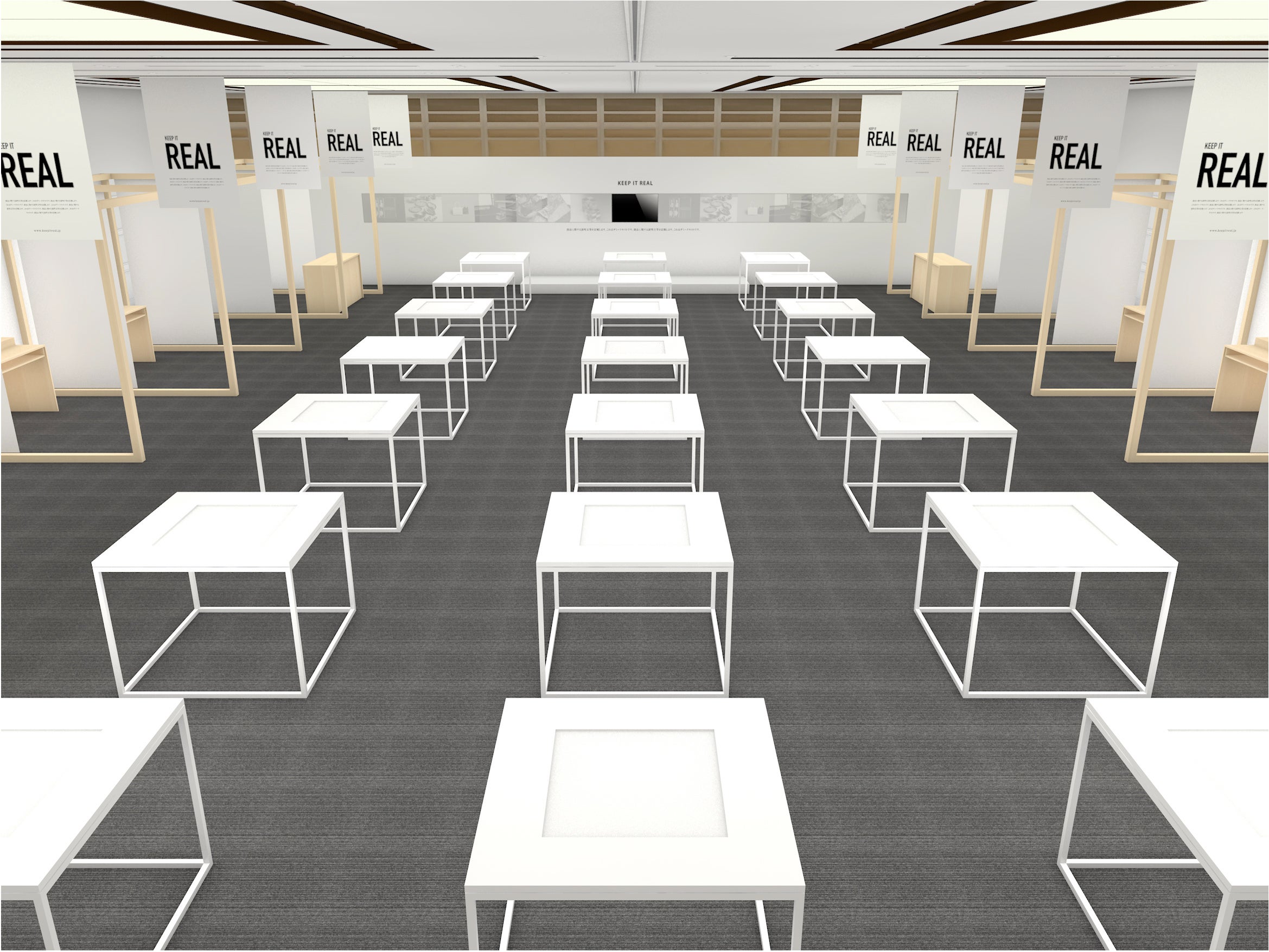 会場の展示台はコミュニケーションを促進するため「4周」から見ることができる対話型展示台を採用。