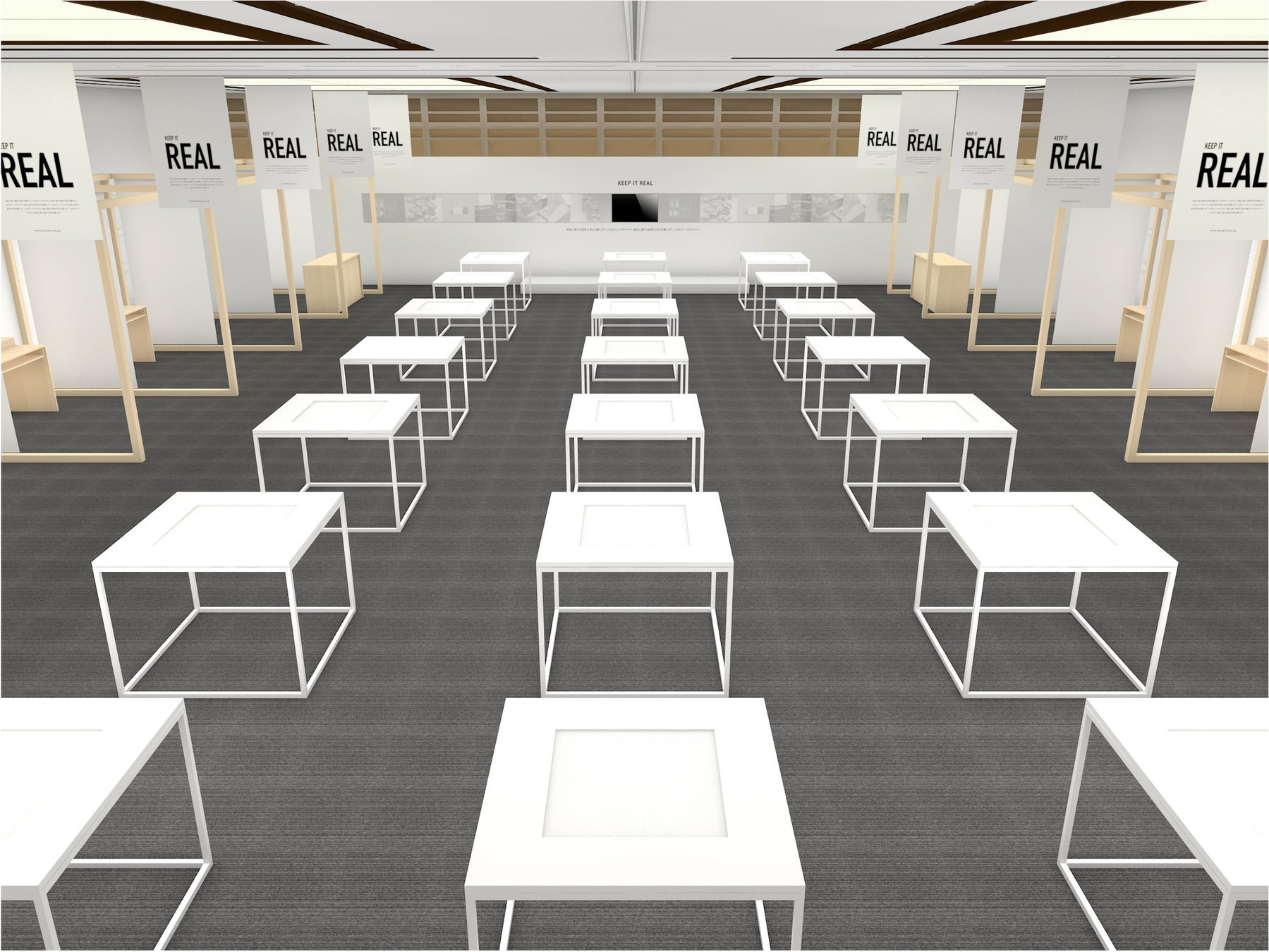 会場の展示台はコミュニケーションを促進するため「4周」から見ることができる対話型展示台を採用。