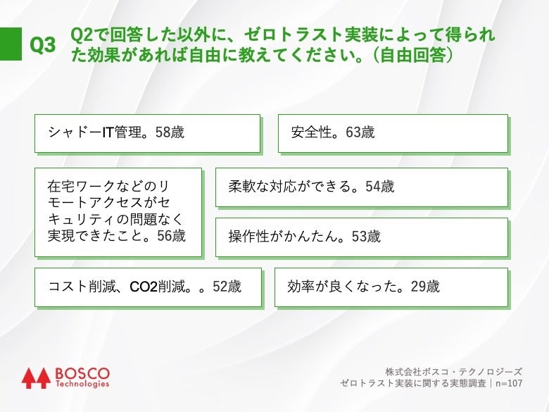 Q3.Q2で回答した以外に、ゼロトラスト実装によって得られた効果があれば自由に教えてください。