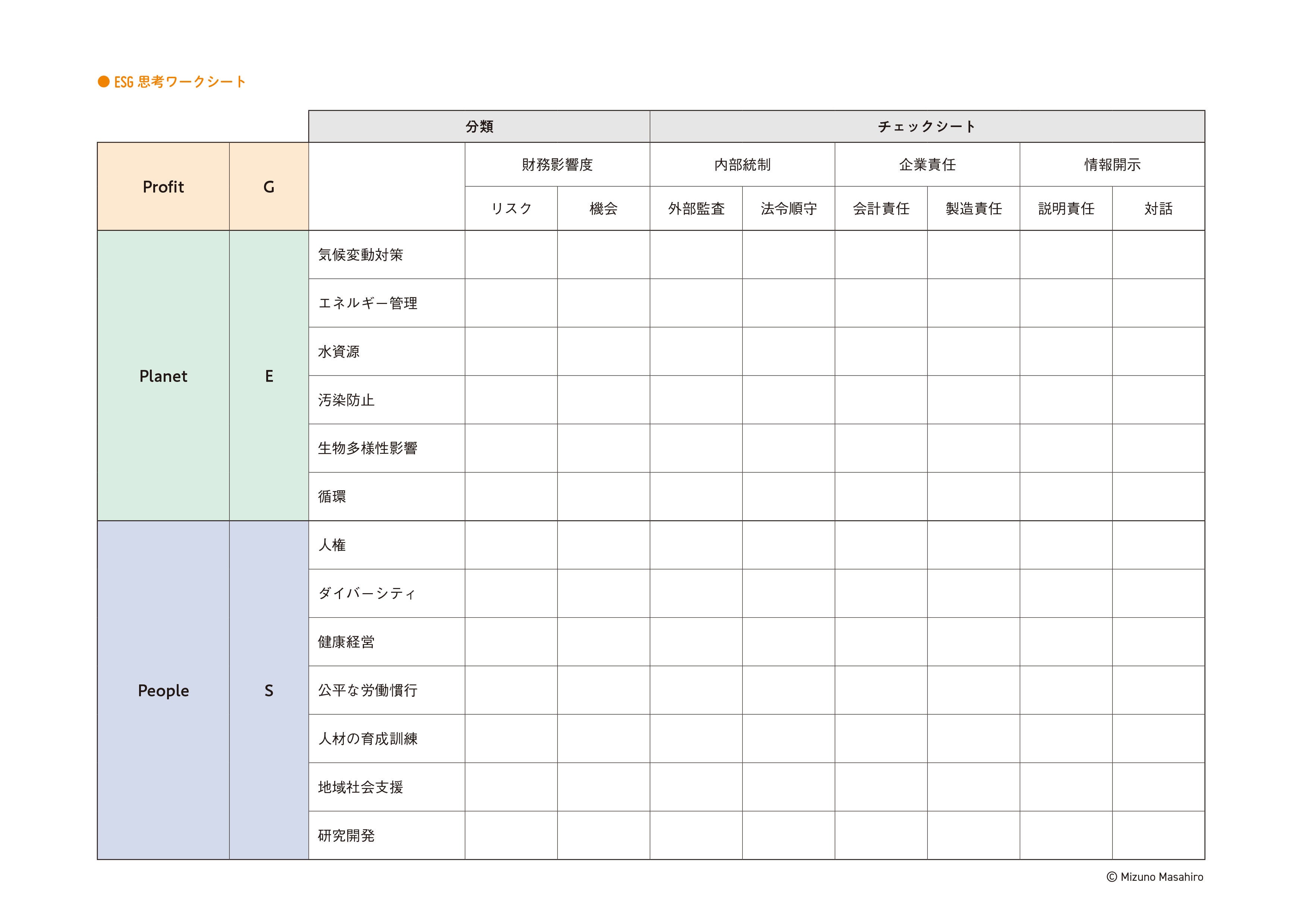 事業が環境や社会にもたらす影響を企業ガバナンスの指標から評価できるESG思考ワークシート